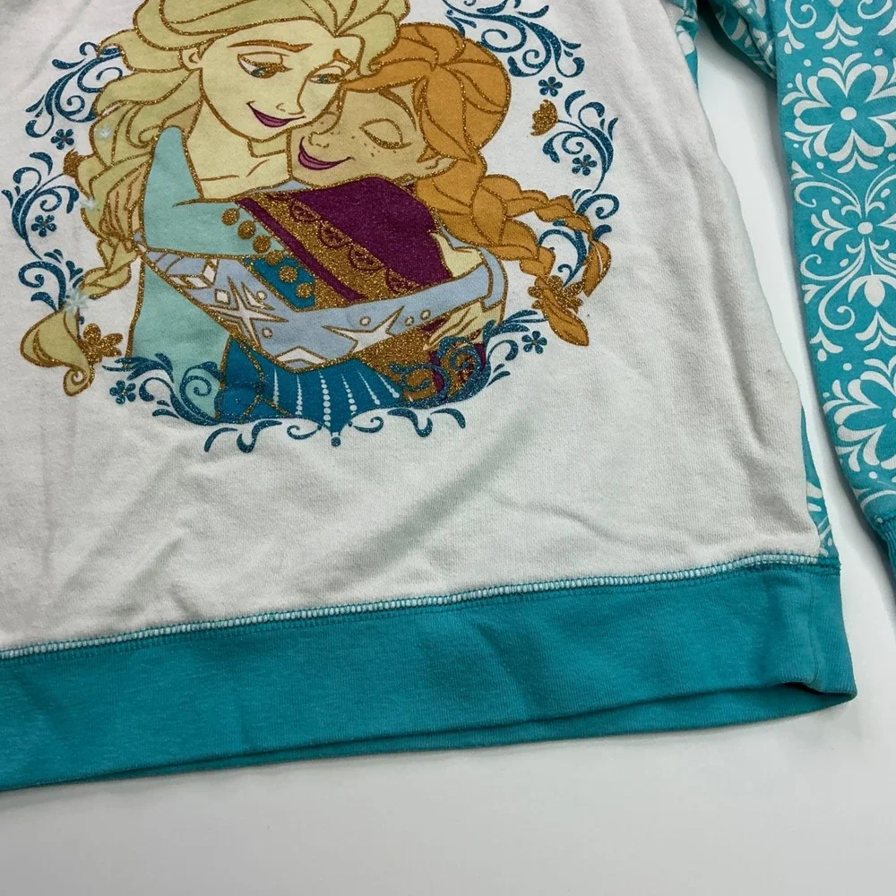Disney Frozen Teal White Sweatshirt Kids XL/6X Elsa Anna Glitter Raglan Sleeves